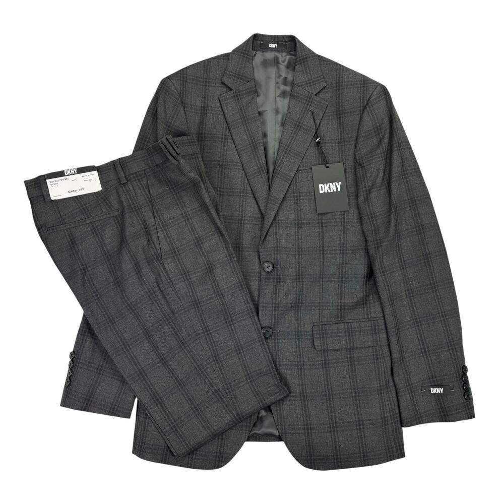 DKNY Mens 2-Piece Duran Modern Fit Plaid Suit Gray 36R 29W